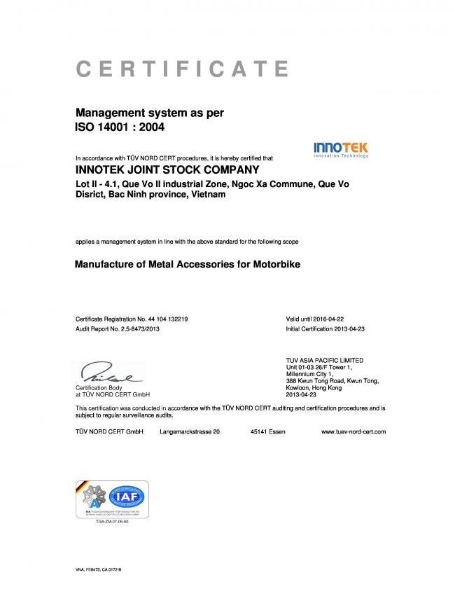Innotek được cấp chứng nhận ISO 14001-2004 bởi Tuv-Nord