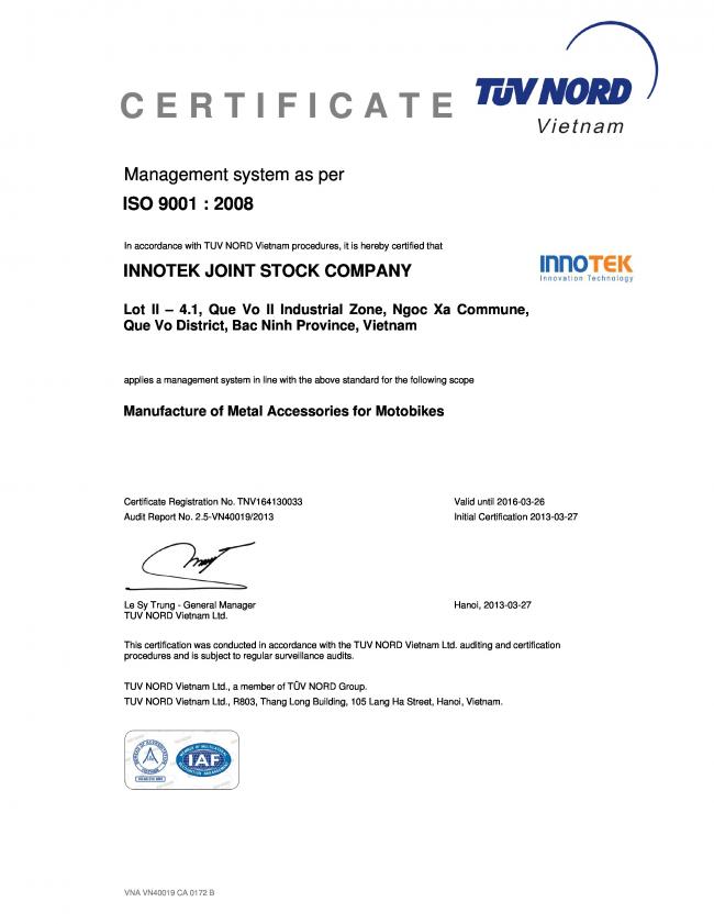 Innotek được cấp chứng nhận  ISO 9001-2008 bởi TUV-Nord